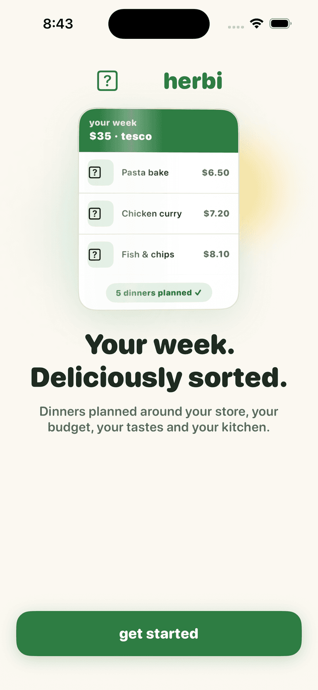 Carby sample week card with five planned dinners