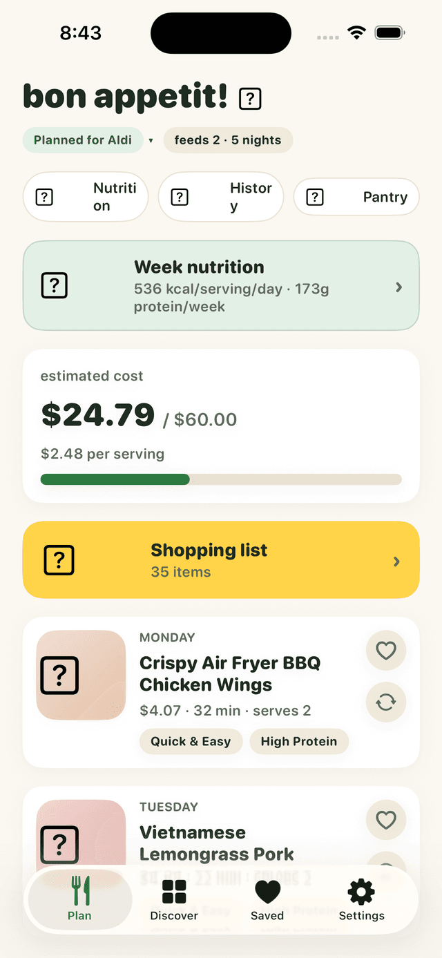 Carby weekly meal plan with Aldi store, budget progress, and dinner cards